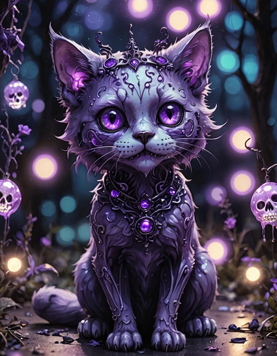 Cute Bioluminescent Skull Cat in Fairycore Style