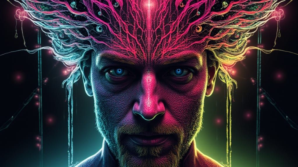 Fractal Faced Man with Rainbow Flames and Binary Eyes