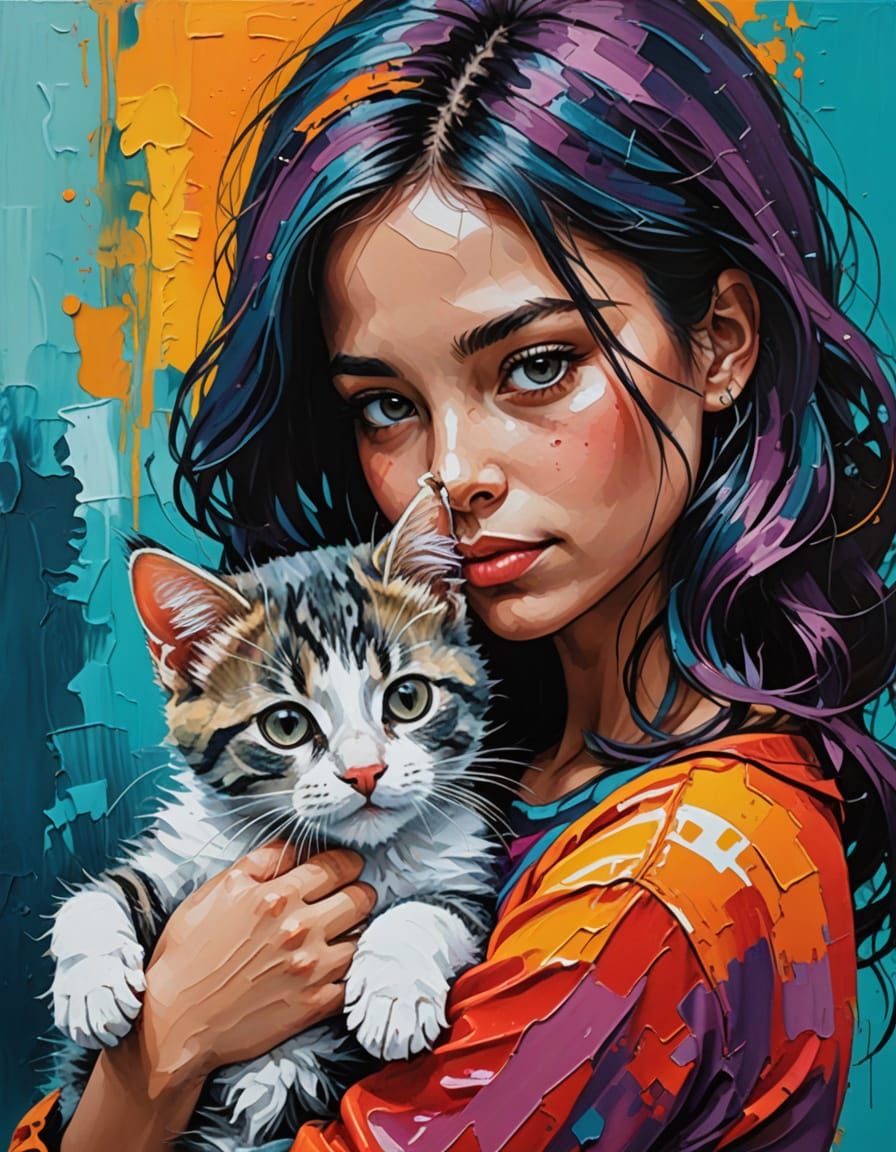 Girl Cuddling Kitten: Bold Acrylic Painting
