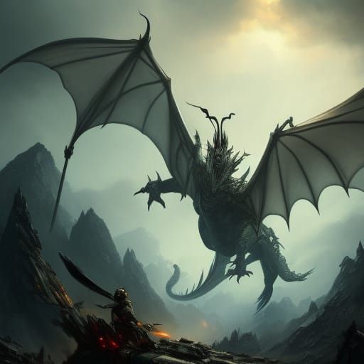 Epic Dragon Battle on Mountain: Dark Fantasy Art