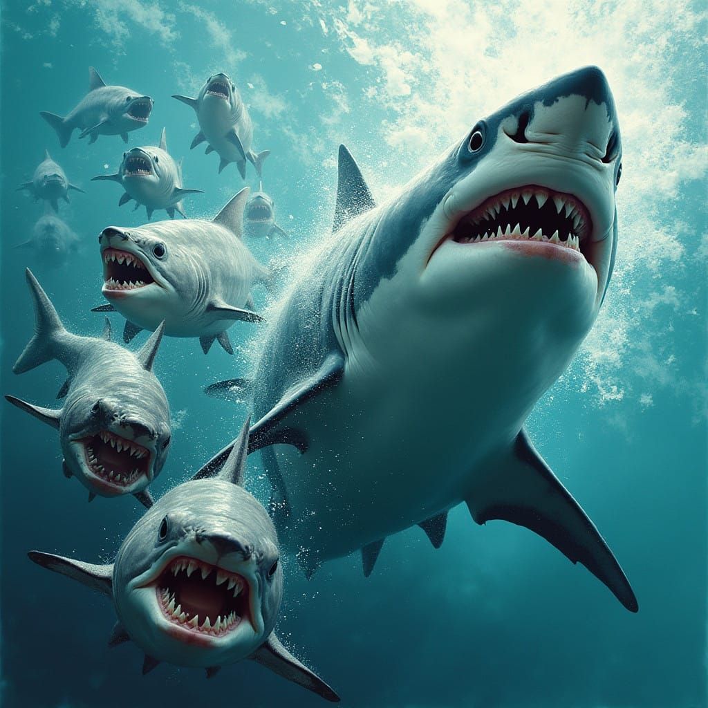 Shark vs Giant Piranhas in Turbulent Oceanic Chaos