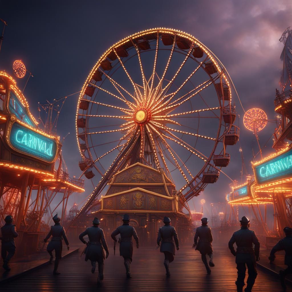 Dark Carnival Scene with Ferris Wheel, Detailed Fantasy Art