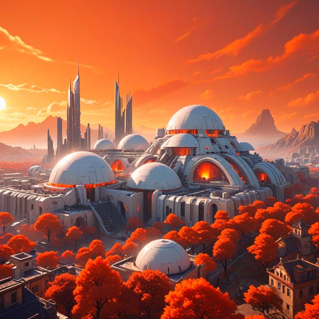 A white city of adobe dome buildings. The city looks very futuristic, but also ancient and mystical. The landscape aroun...