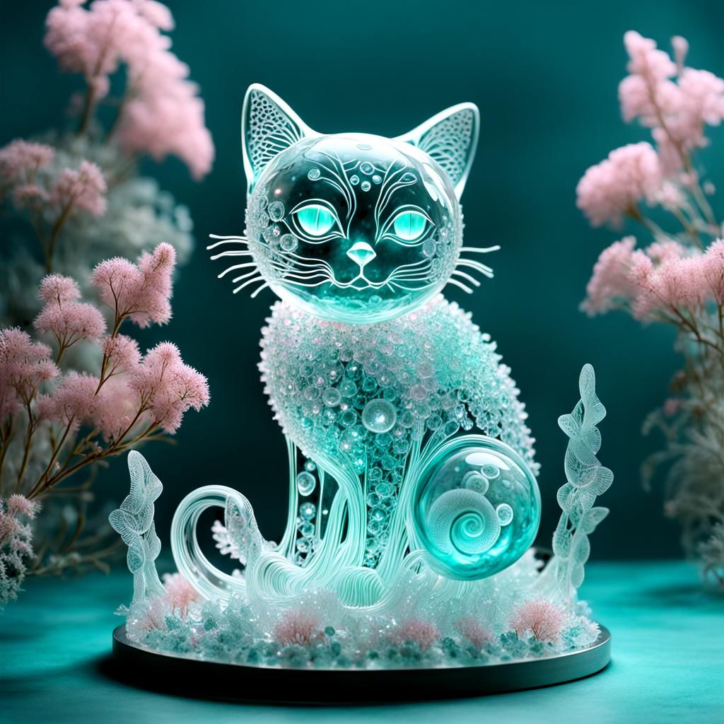 Crystal Cat Sculpture with Bioluminescent Butterflies