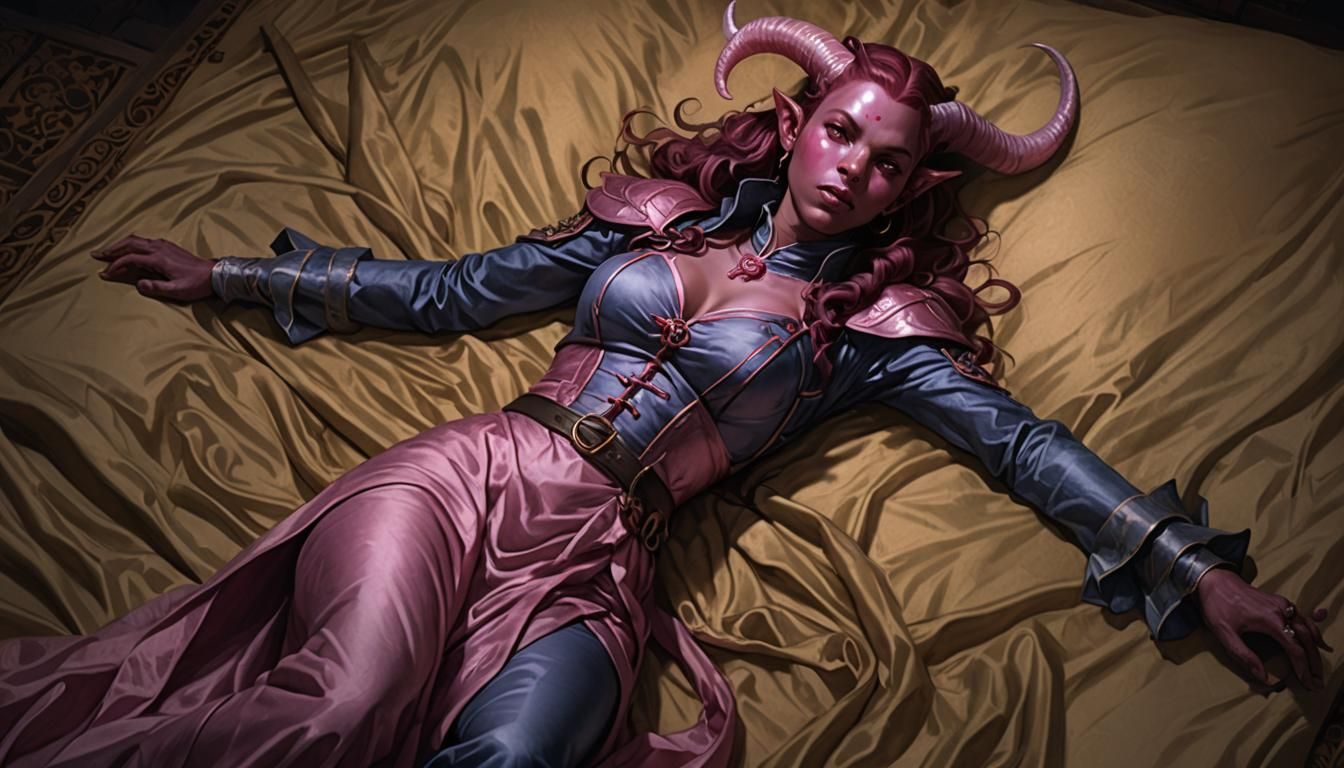 Inviting Pink Tiefling on Silk Bed