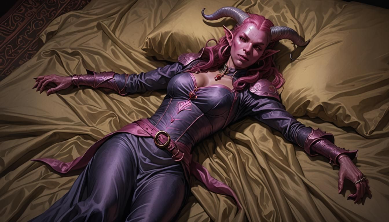 Inviting Pink Tiefling on Silk Bed