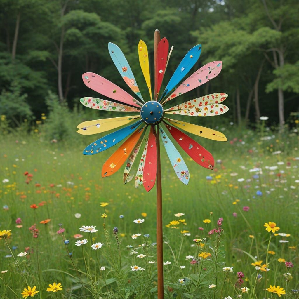 Vibrant Whimsical Folk Art Sculpture in a Green Meadow