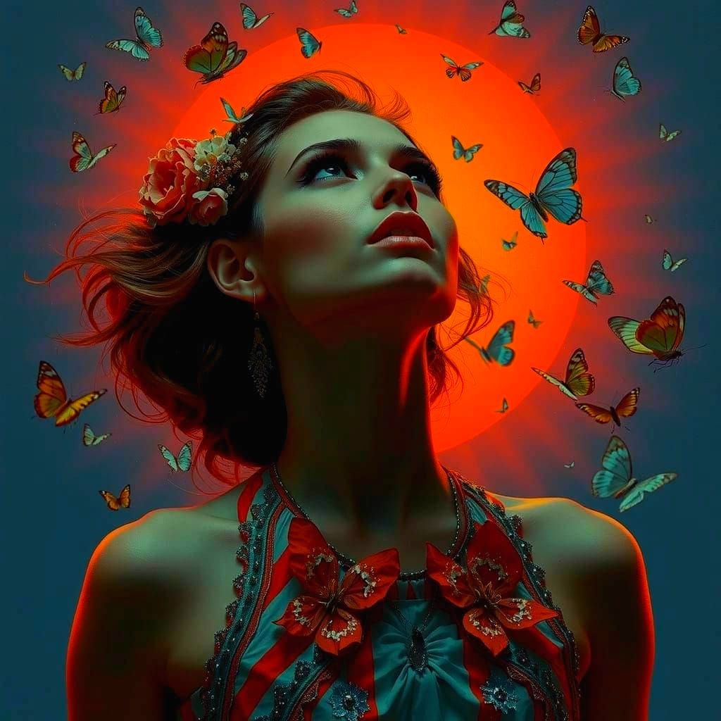 Woman in Citrus Light Gown with Butterflies, Floral Crown