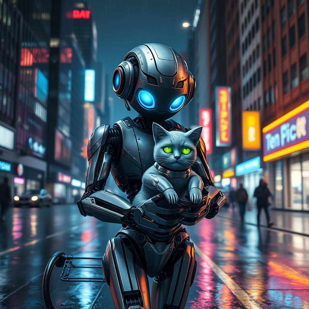Cybernetic Robot Strolls City Streets at Night