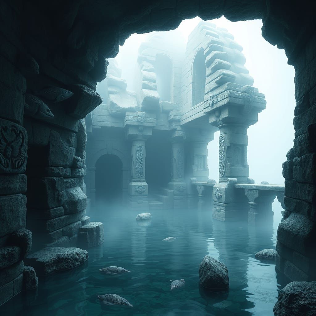 Ancient River Refuge in Misty Twilight