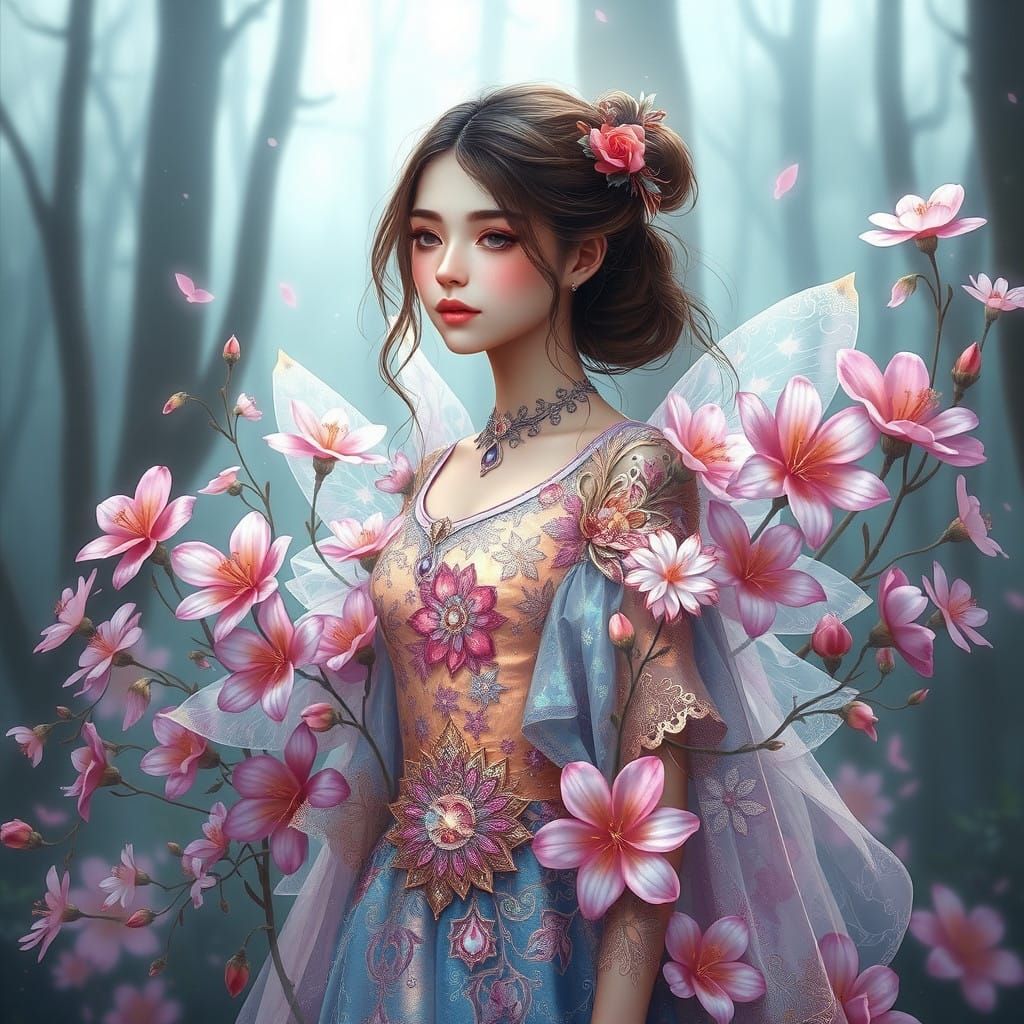 Surreal Fantasy Maiden in a Misty Floral Wonderland