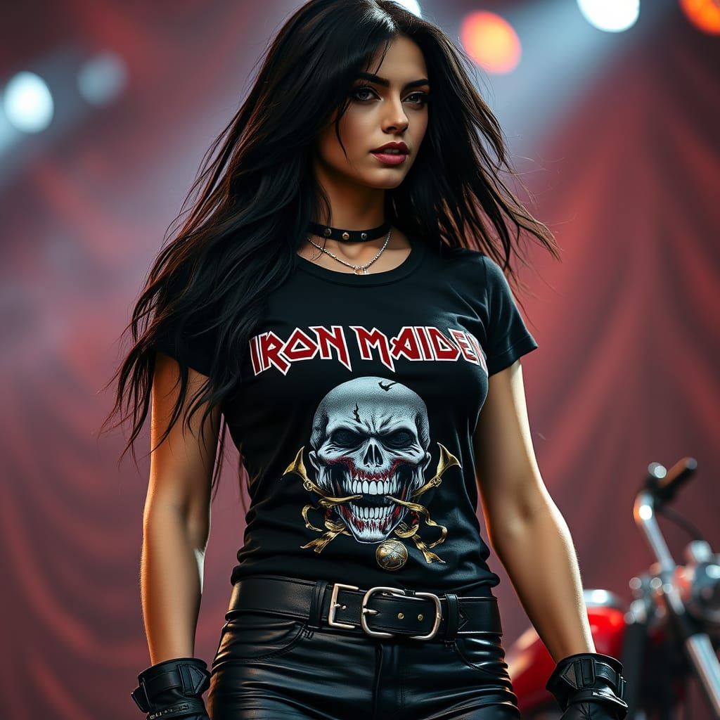 Photorealistic Woman in Concert with Iron Maiden Tee