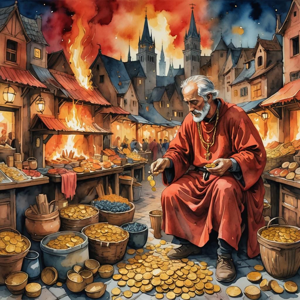 Fantasy Peasant Clutching Burning Gold Coins in Watercolor S...