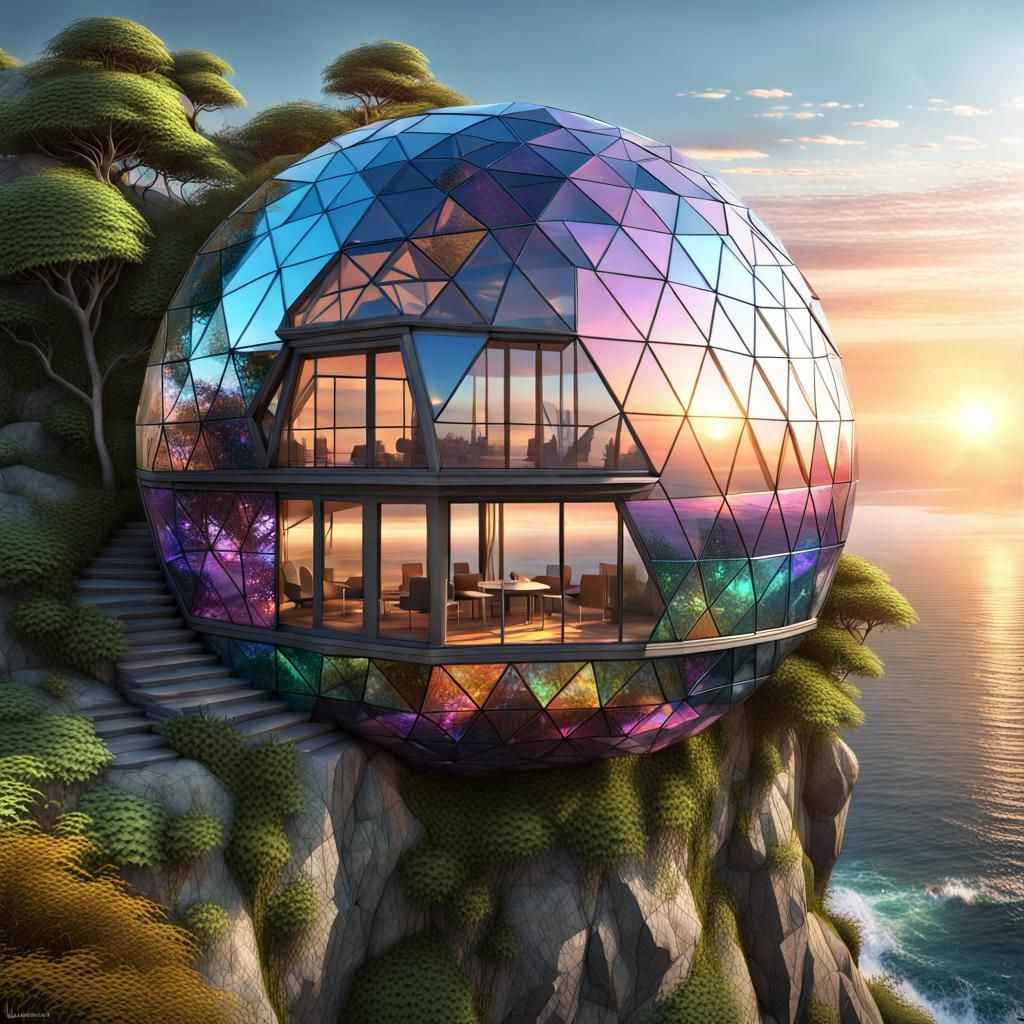 Iridescent Geodesic House on Cliff at Sunrise