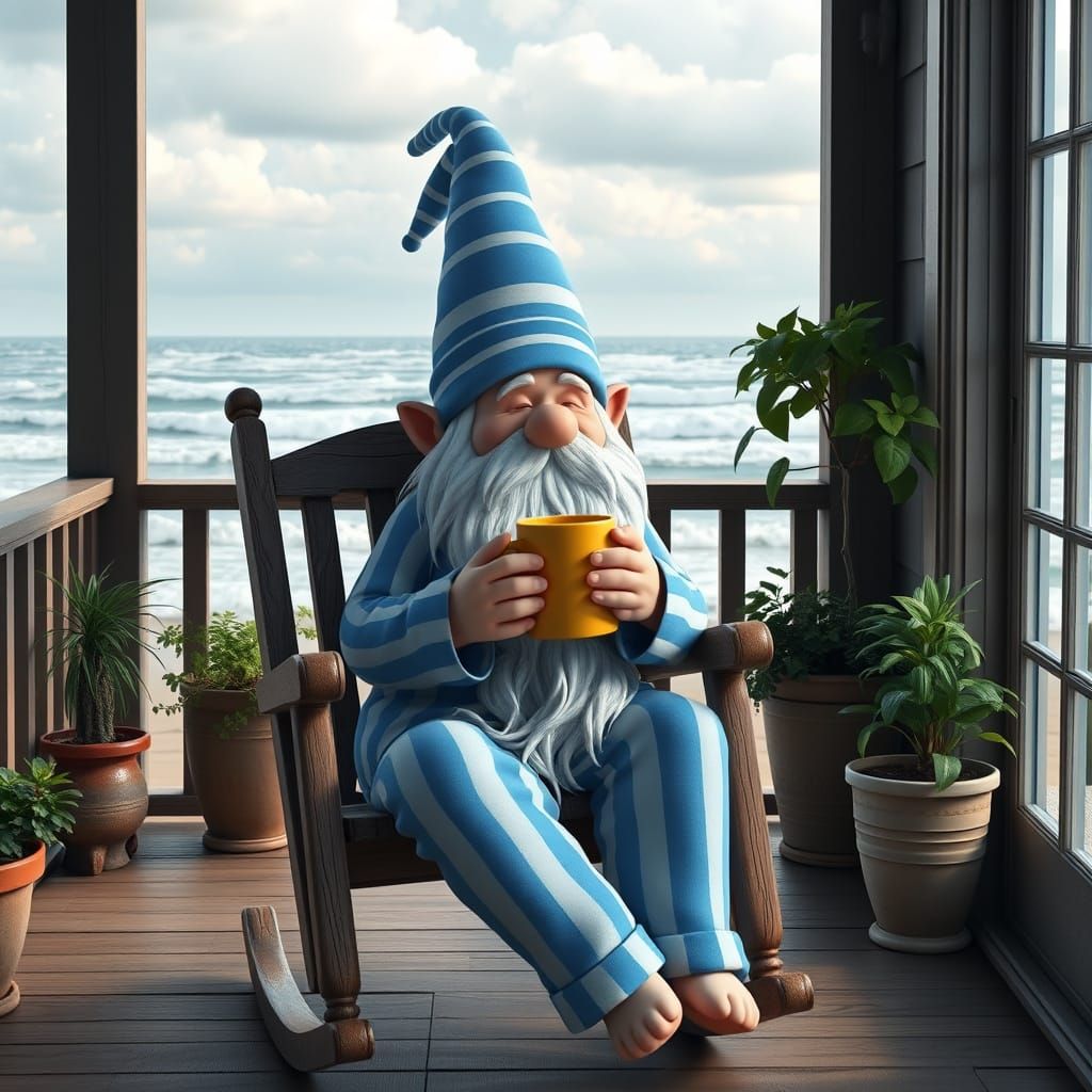 Serene Gnome on a Cozy Porch in Dreamy 3D Anime Style