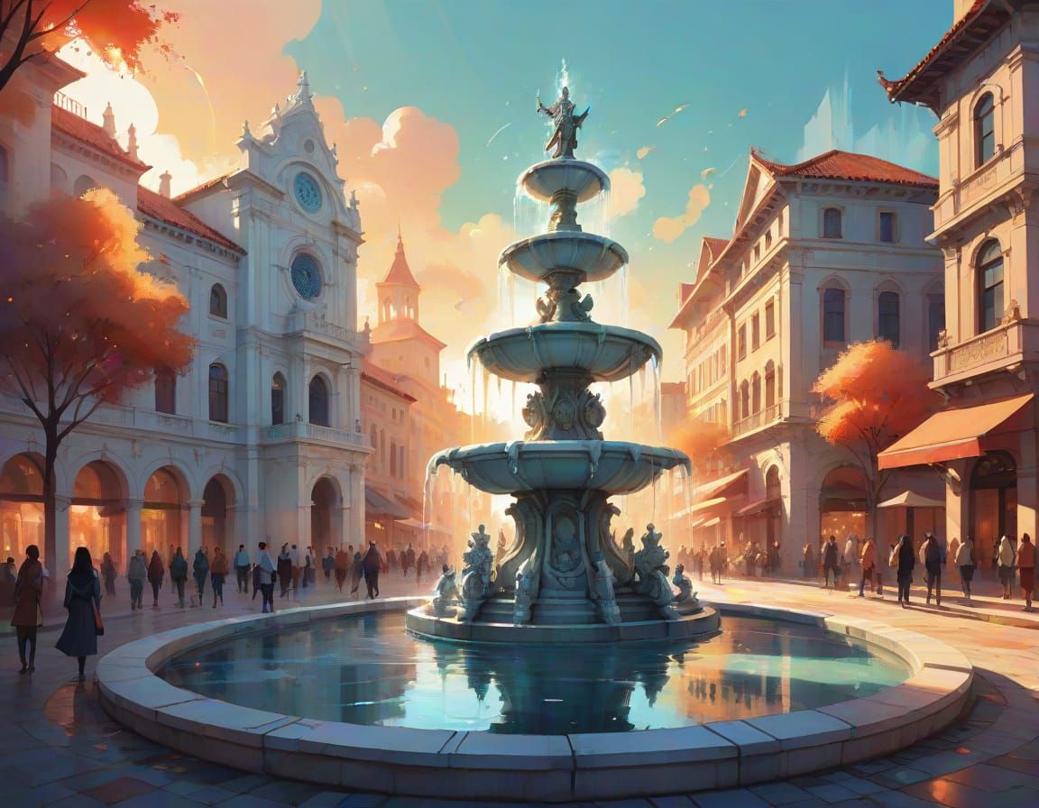 Town Square Fountain in Whimsical Style