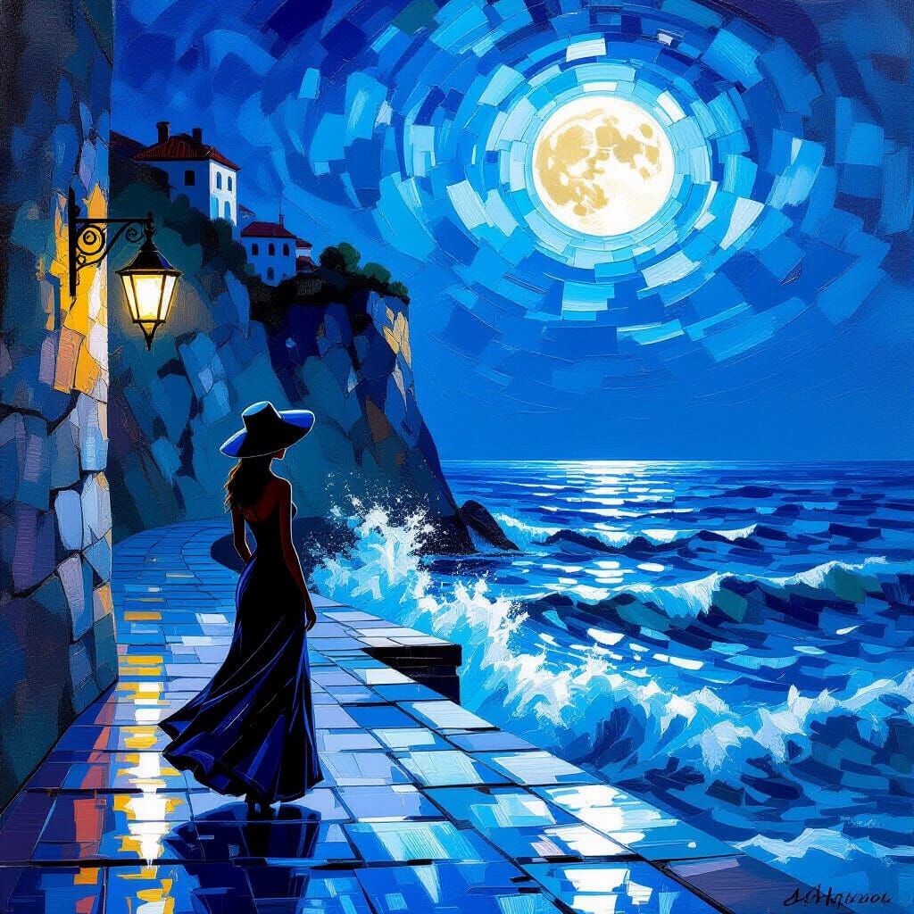 Woman Silhouette on Diamond Pier with Radiant Lantern