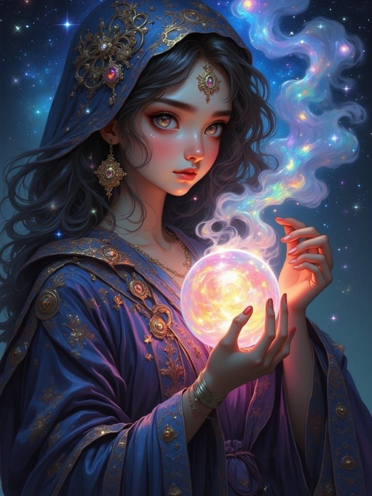 Enigmatic Sorceress with Galaxy Eyes in Sfumato Style