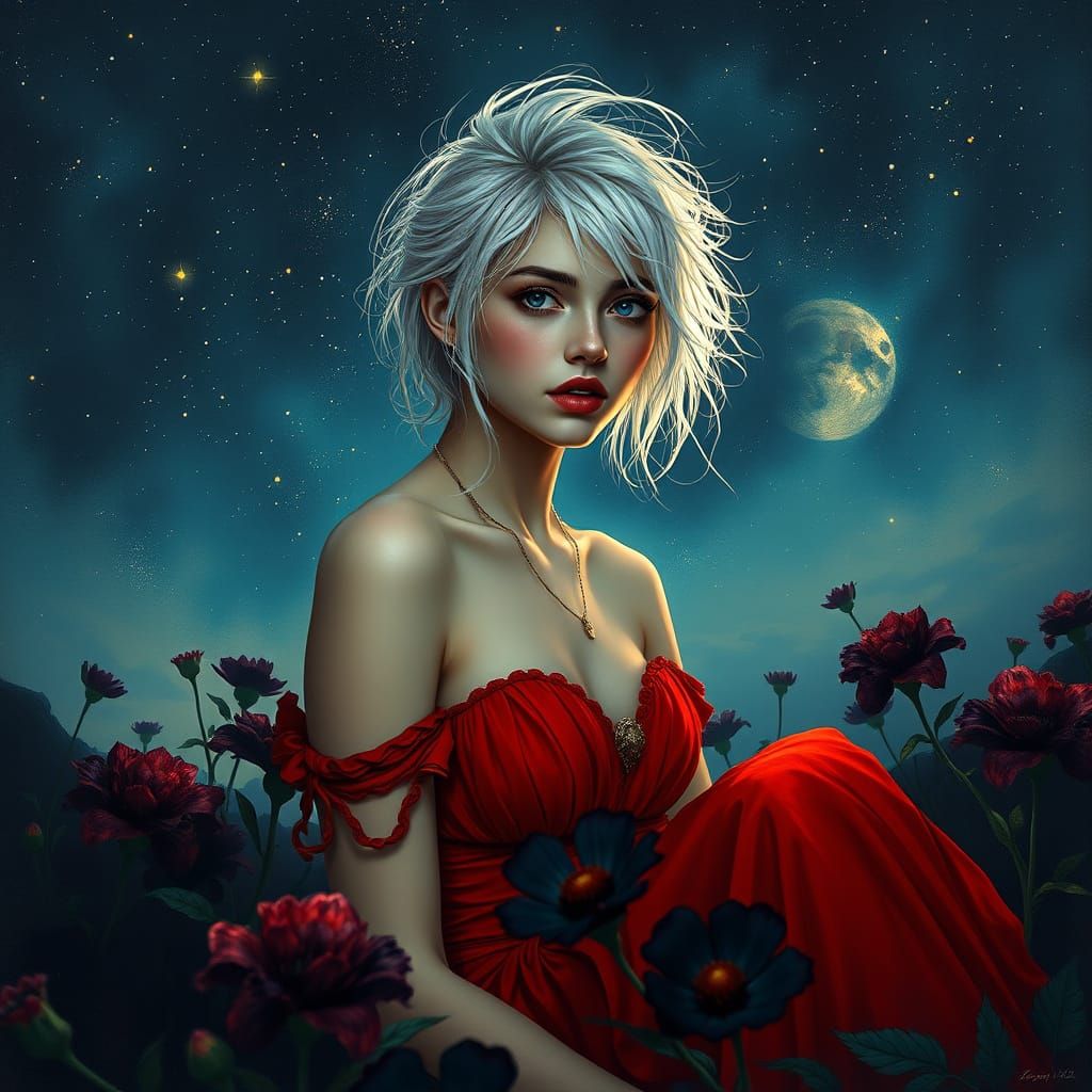 Elegant Woman Under Starry Night Sky in Watercolor