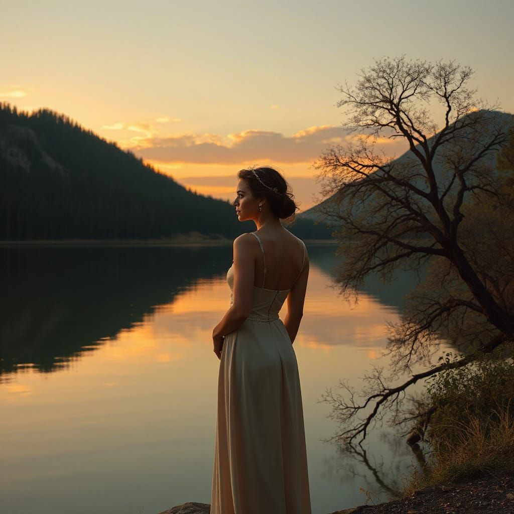 Elegant Woman by Lake at Sunset: Digital Painting