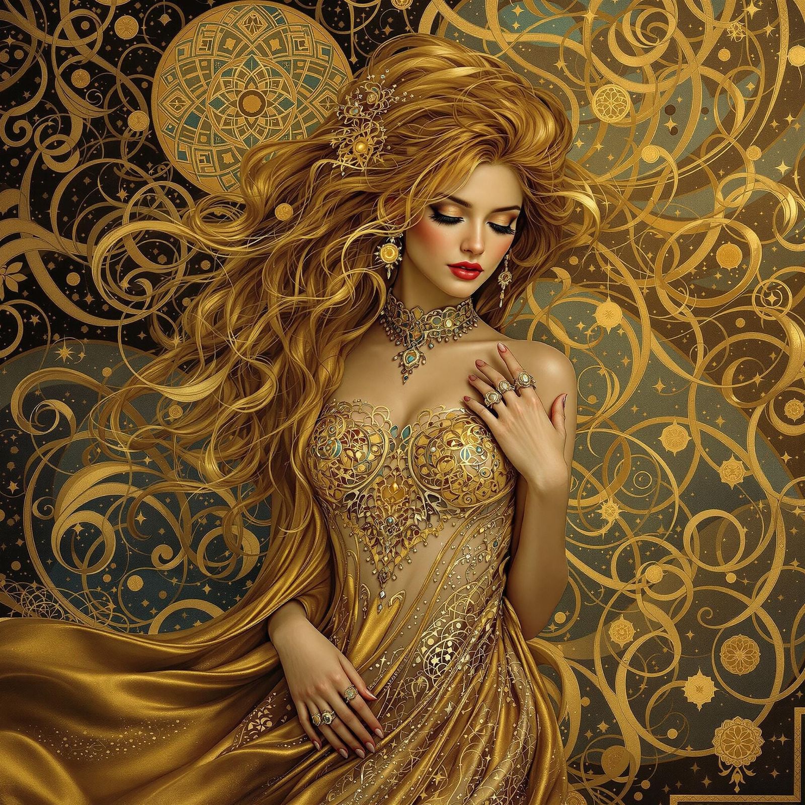 Golden Goddess in Art Nouveau Splendor