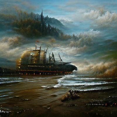 Steampunk Ship Navigating Dystopian Seascape