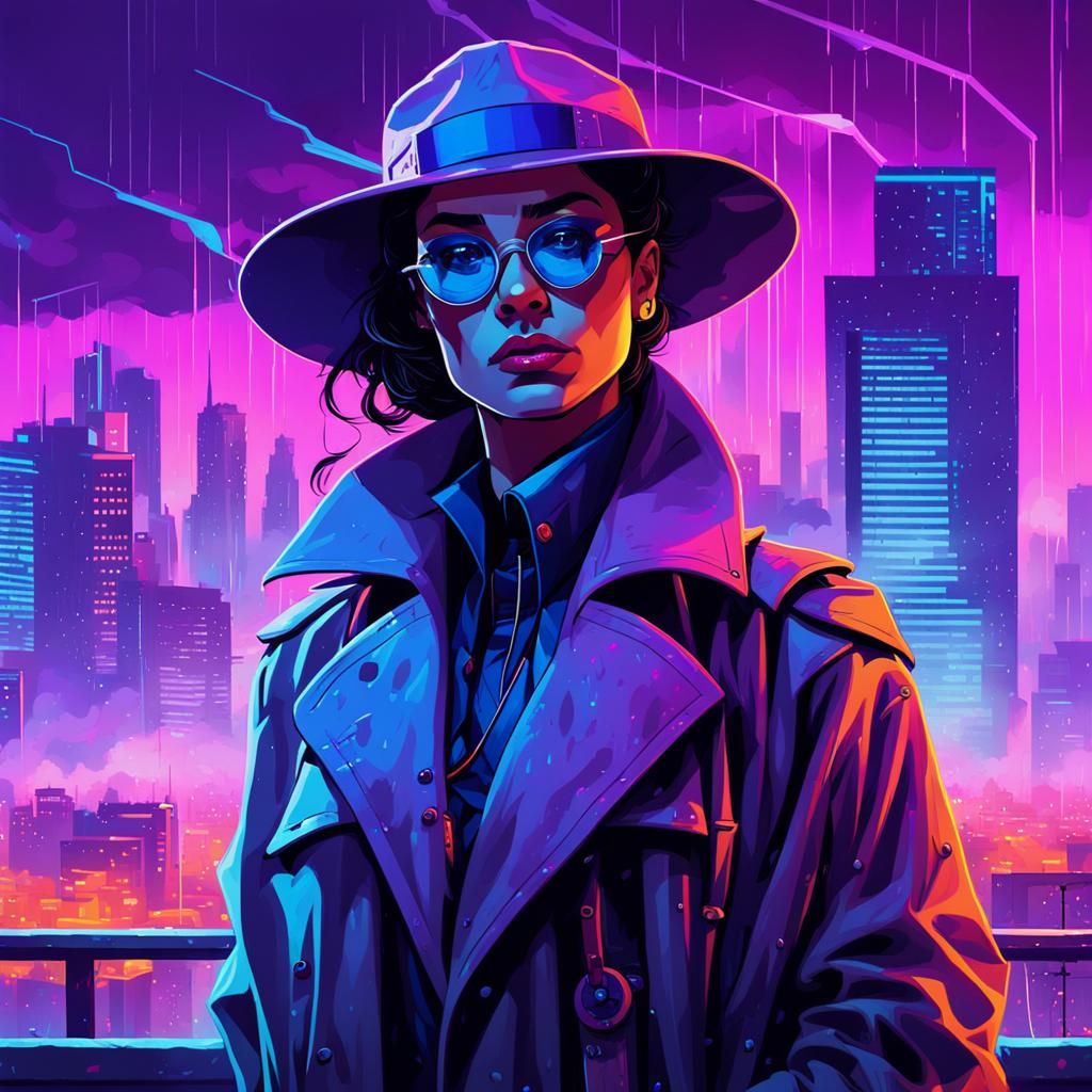 Cyberpunk Detective in Rainy Cityscape