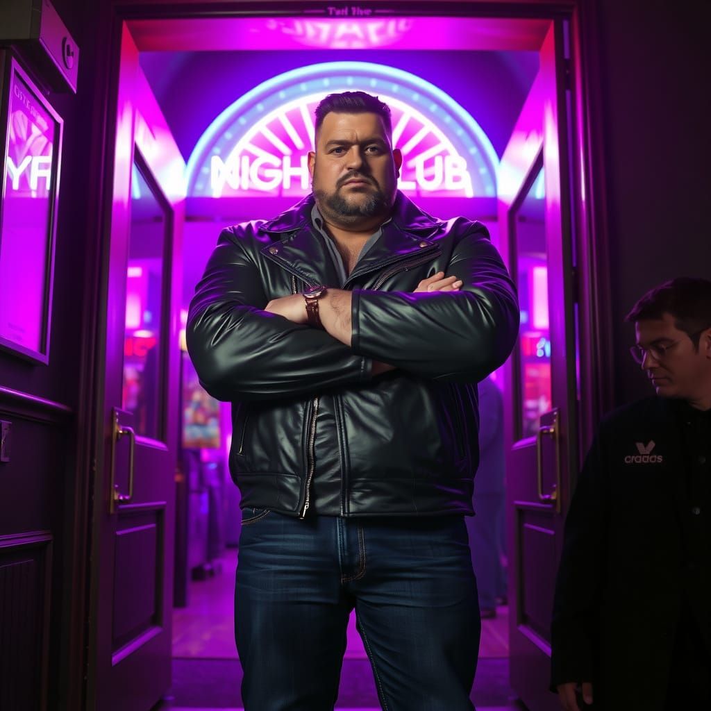 Muscular Guard Blocking Nightclub Doorway in Retro-Futuristi...