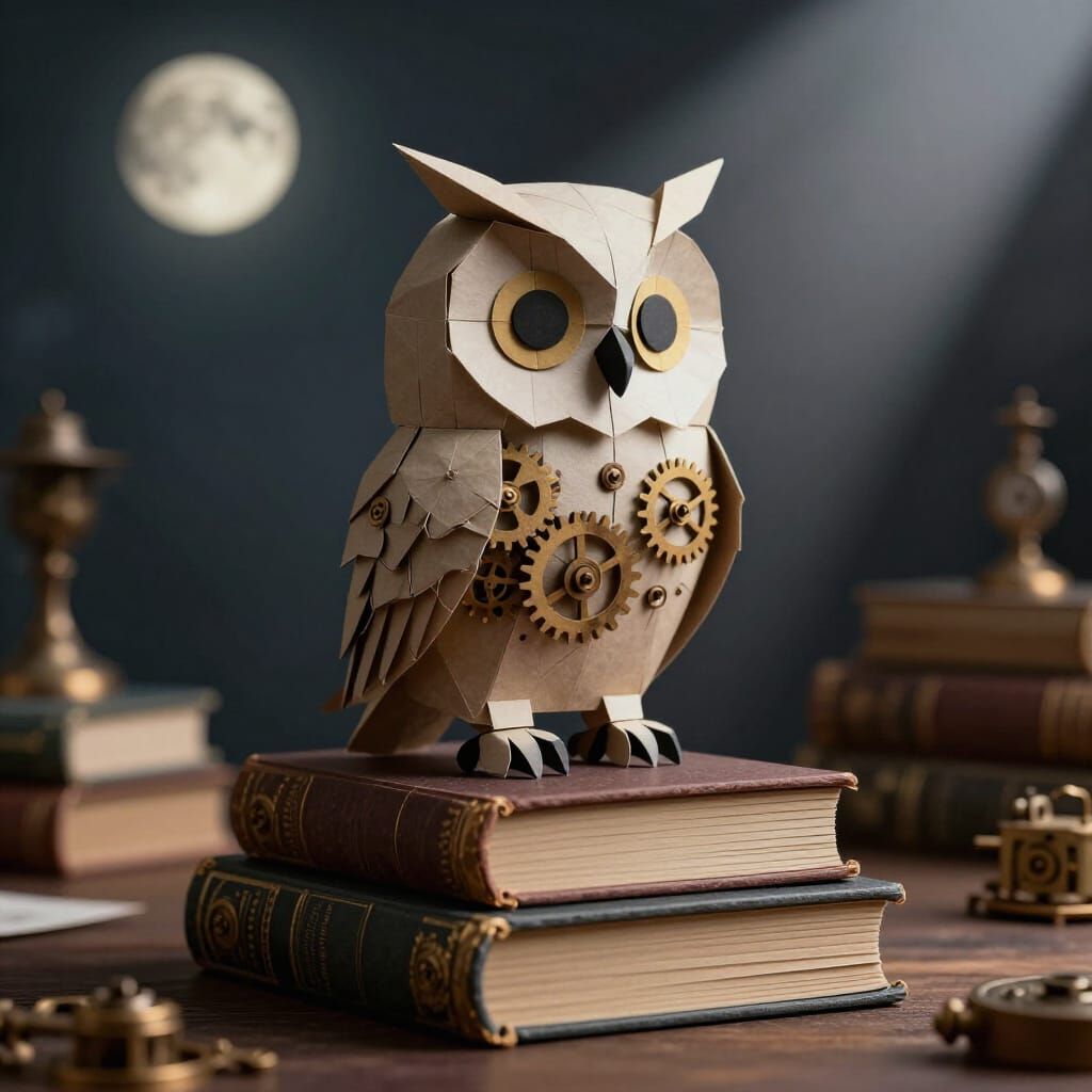 Clockwork Owl on Books in Moody Study