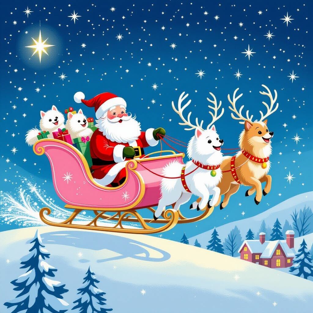 Whimsical Santa Flies Pink Sleigh with Reindeer and Pomerani...