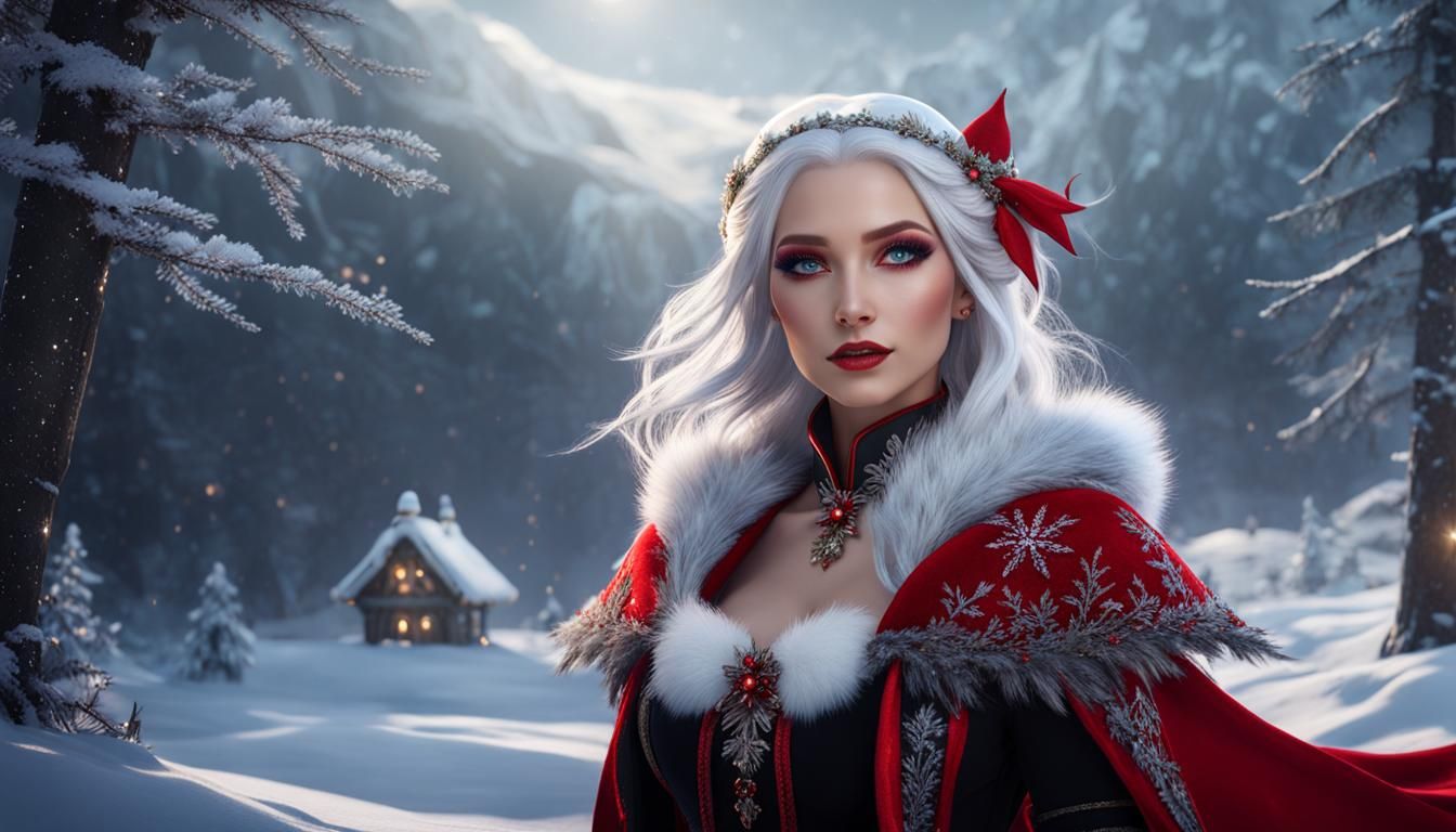 Winter Fairy in Red Fur Outfit, Detailed Art