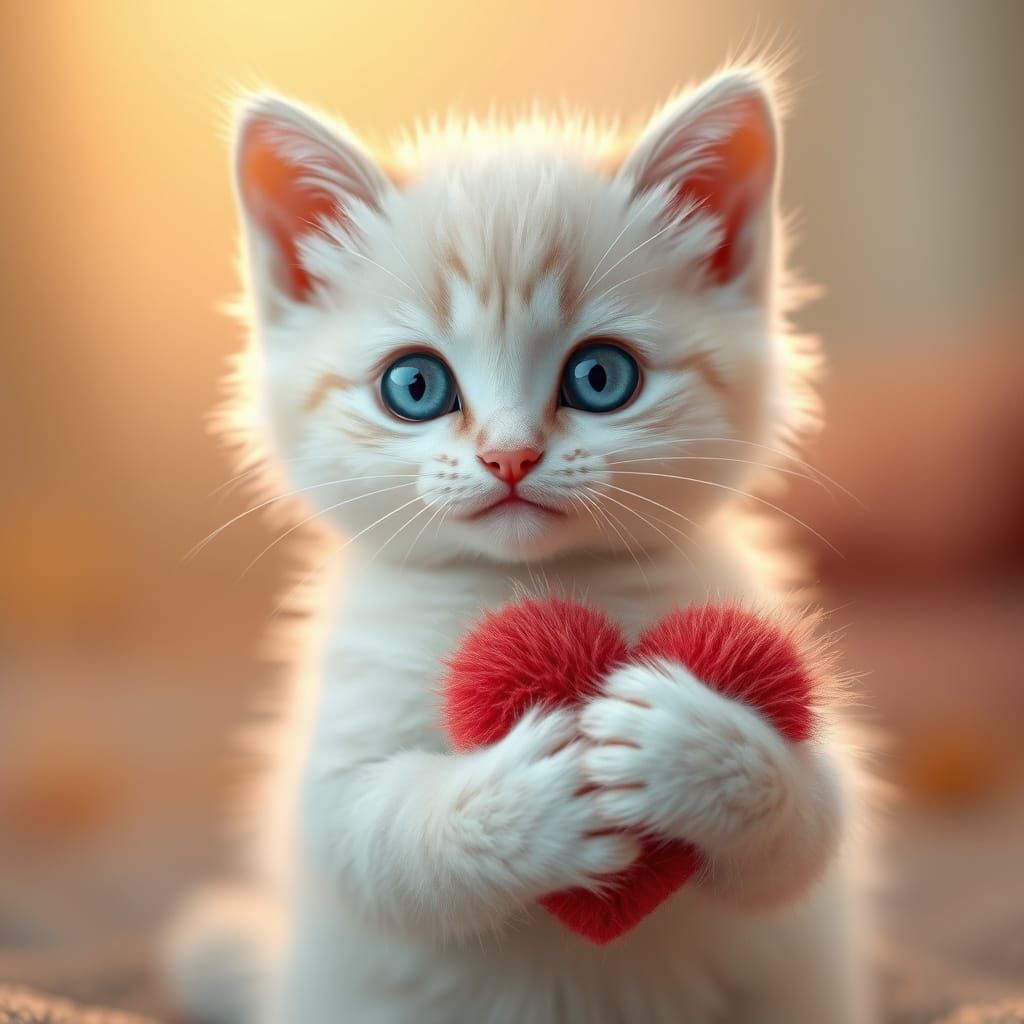Whimsical White Kitten with Sparkling Blue Eyes and Fluffy H...
