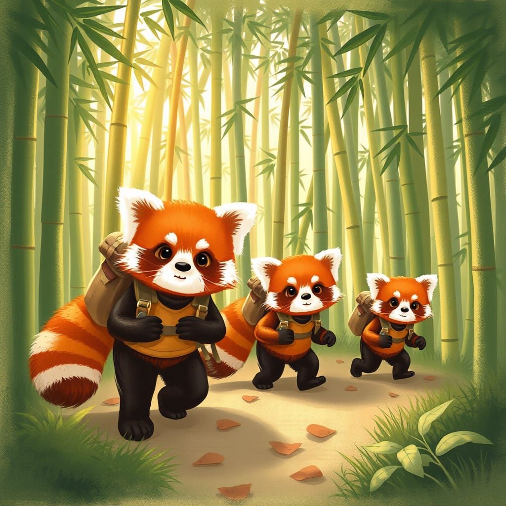 Red Pandas Trek Through Bamboo Jungle in Storybook Style