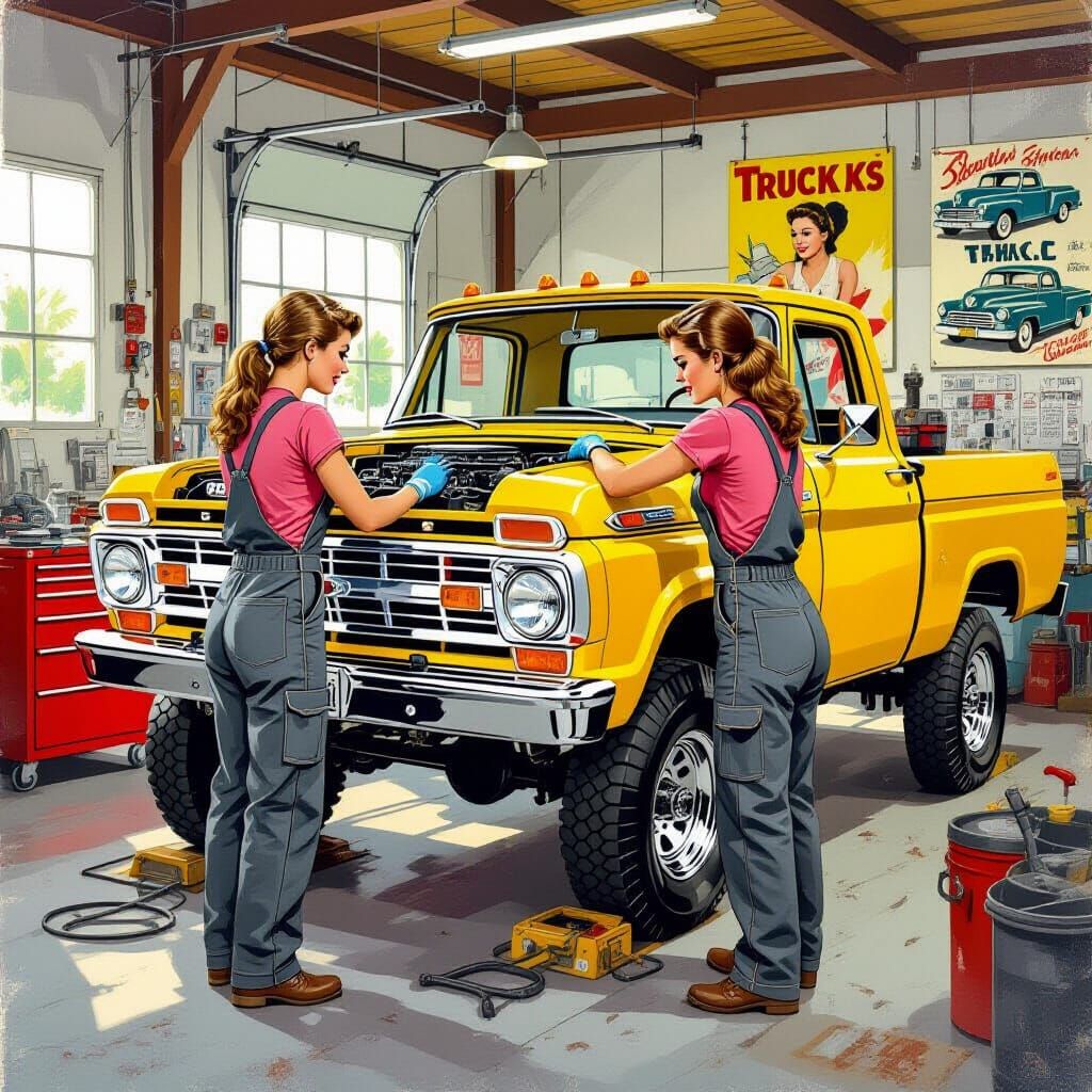 Female Mechanics Repairing a Vintage Truck in Pin-Up Style