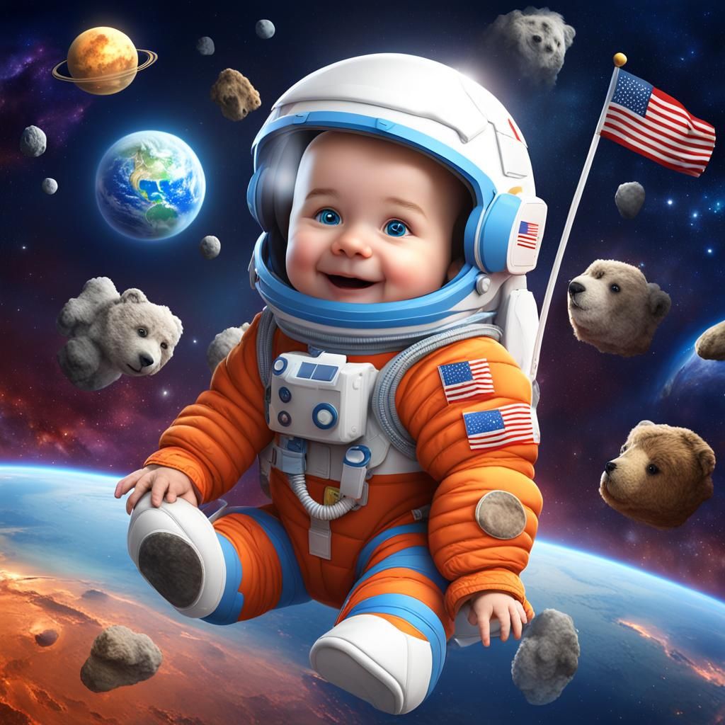Baby Astronaut on Asteroid in 3D Cartoon Style
