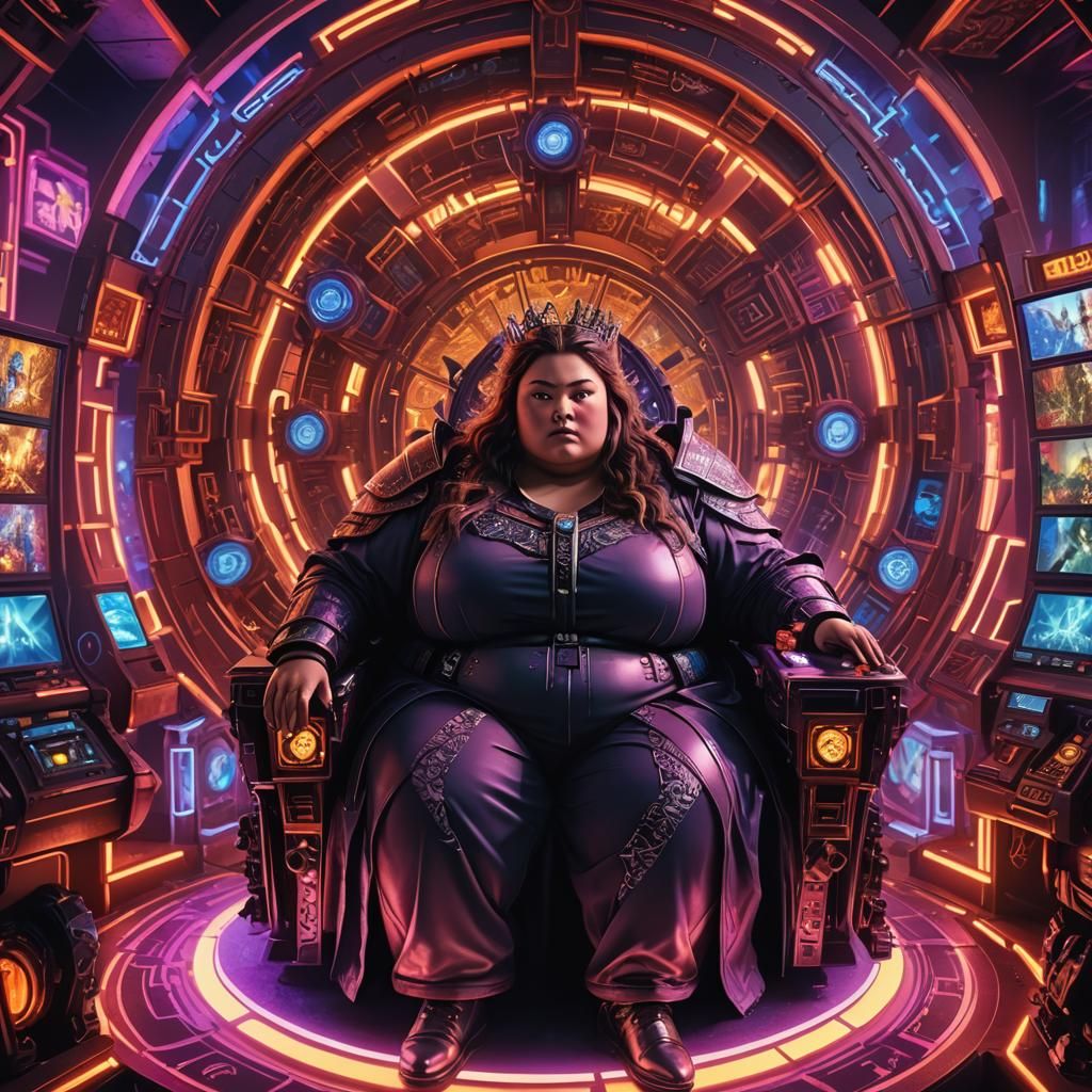 Obese Woman on Gaming Throne in Sci-Fi Lair