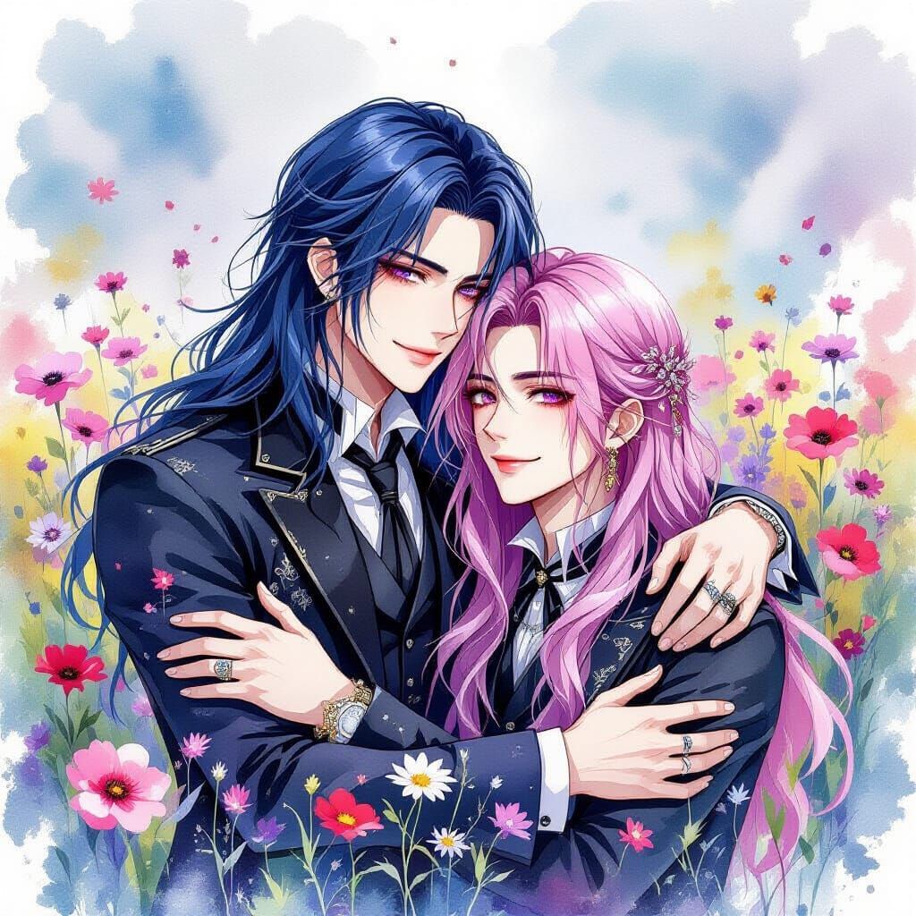 Gothic Couple Cuddling in Flower Field Watercolor Art