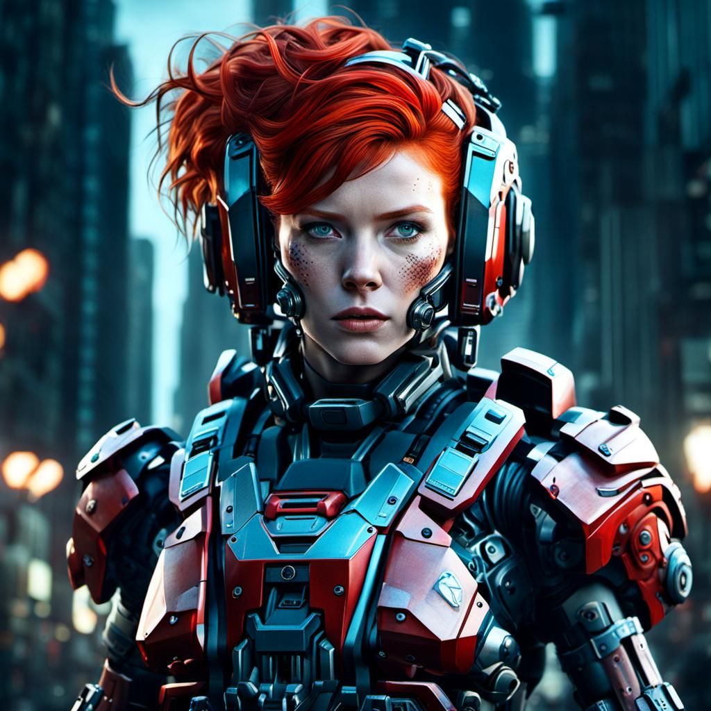 Redhead Woman in Hyper-Detailed Mech Warrior Gear