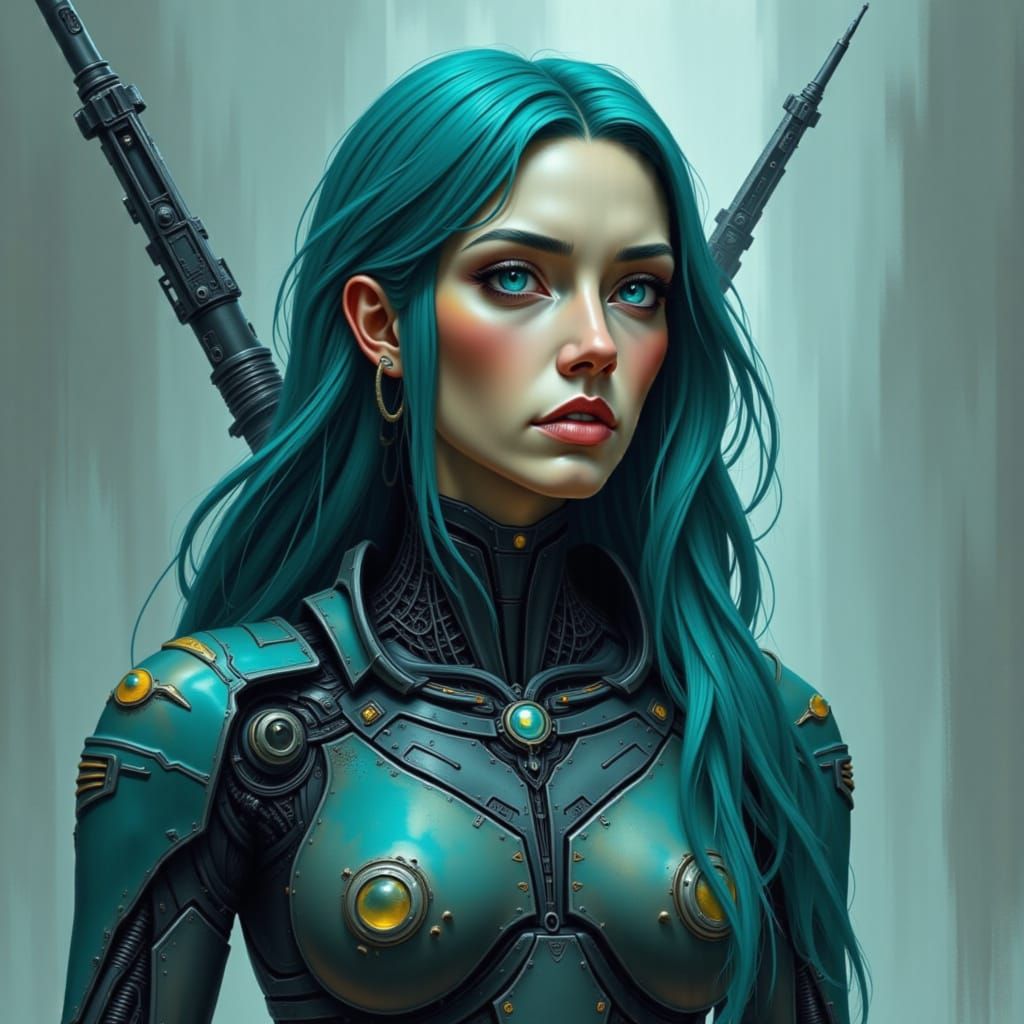 Turquoise Cyborg in Dystopian Cyberpunk Setting