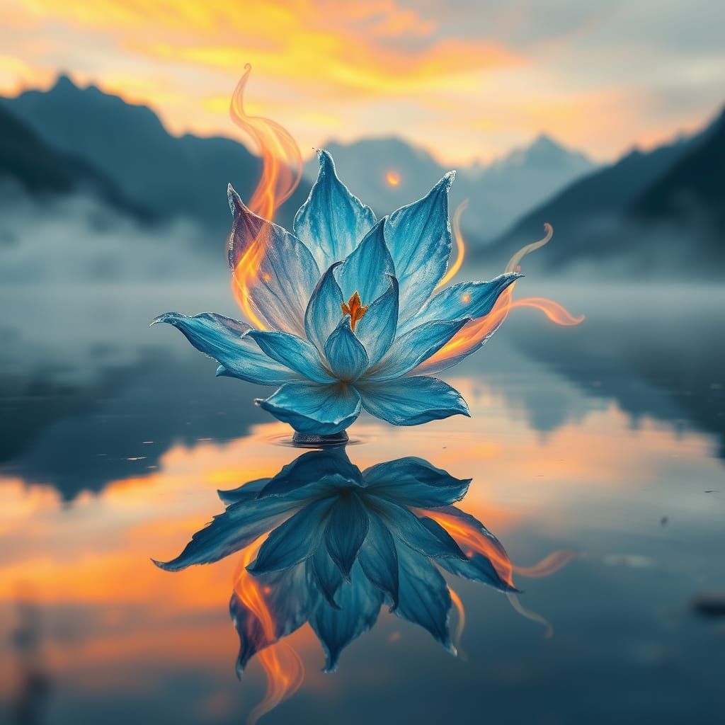 Dreamlike Flower Blooms Amidst Ancient Lake's Fiery Skies