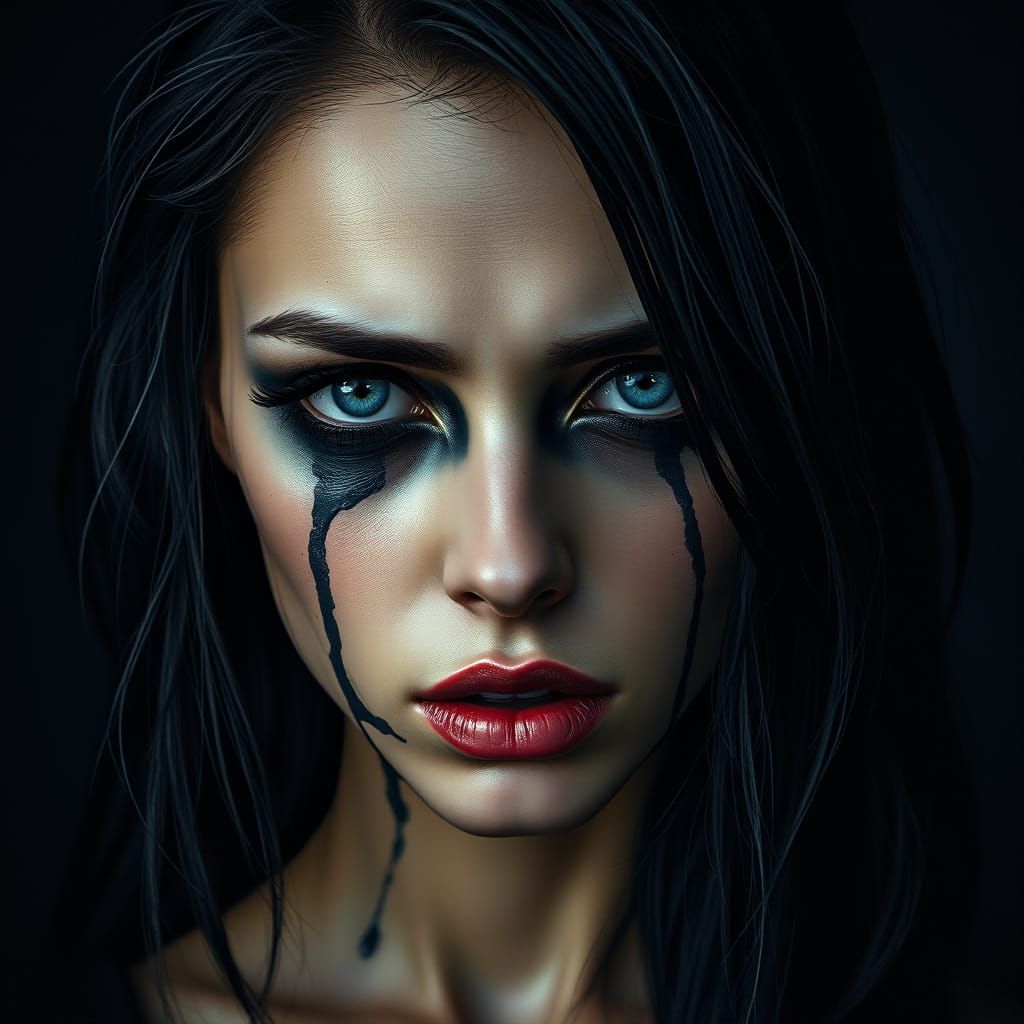 Sorrowful Woman with Tears in Hyper-Realistic Style