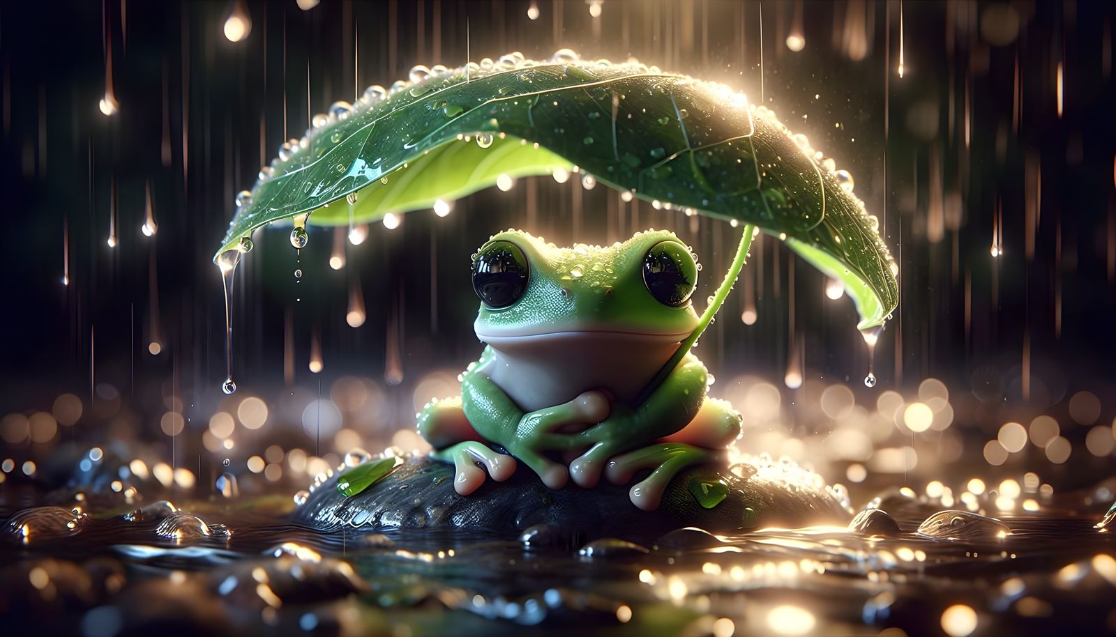 Whimsical Frog Under Rainy Leaf Umbrella