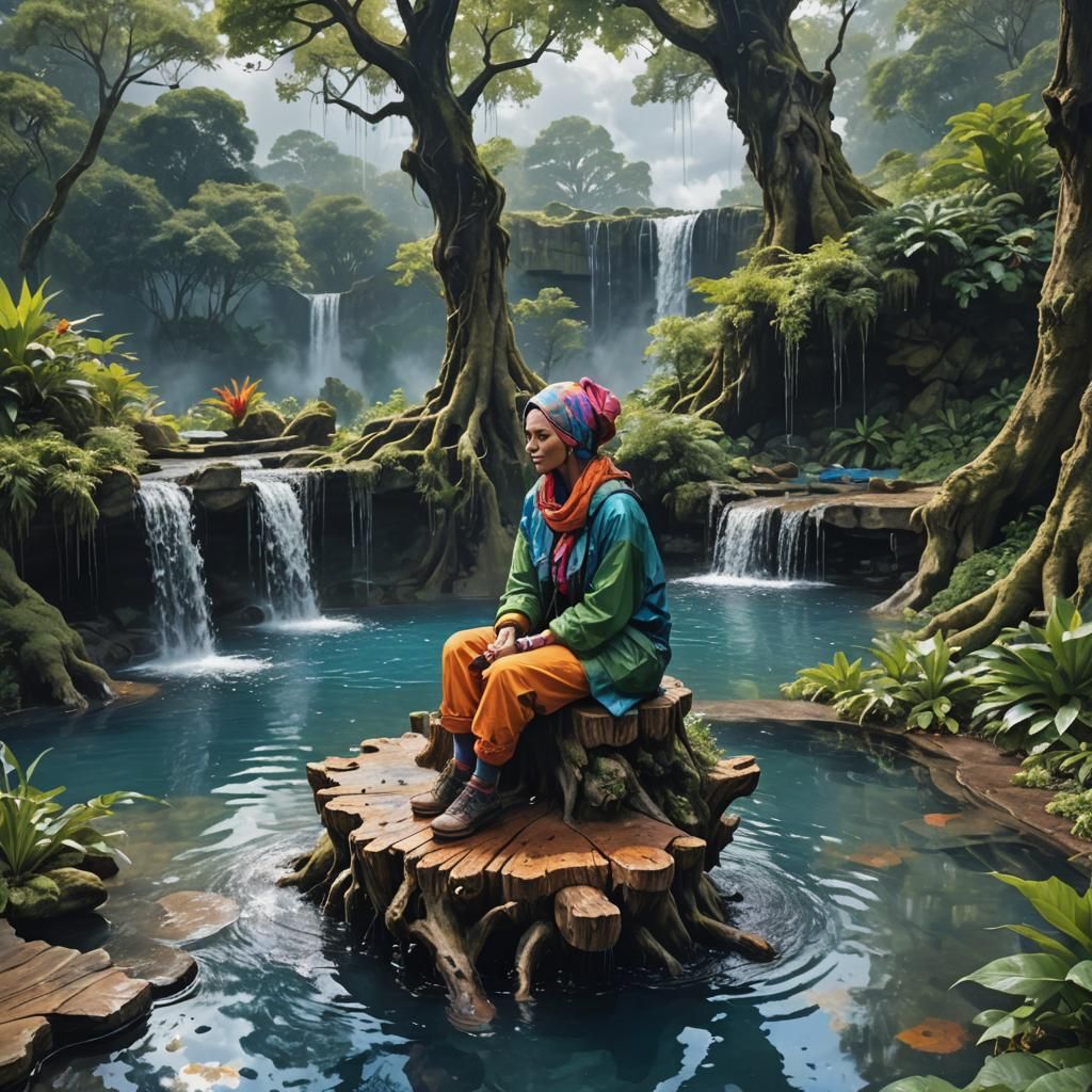 Fantasy Adventurer by Waterfall in Detailed Concept Art