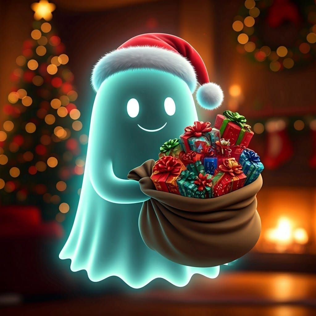 Whimsical CGI Cartoon Ghost in Festive Santa Hat