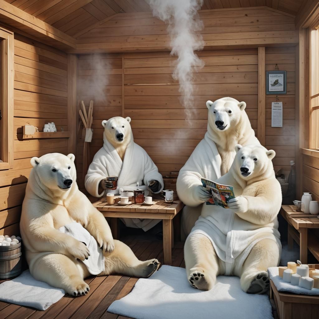 Polar Bears Relaxing in Sauna: 3D Digital Art