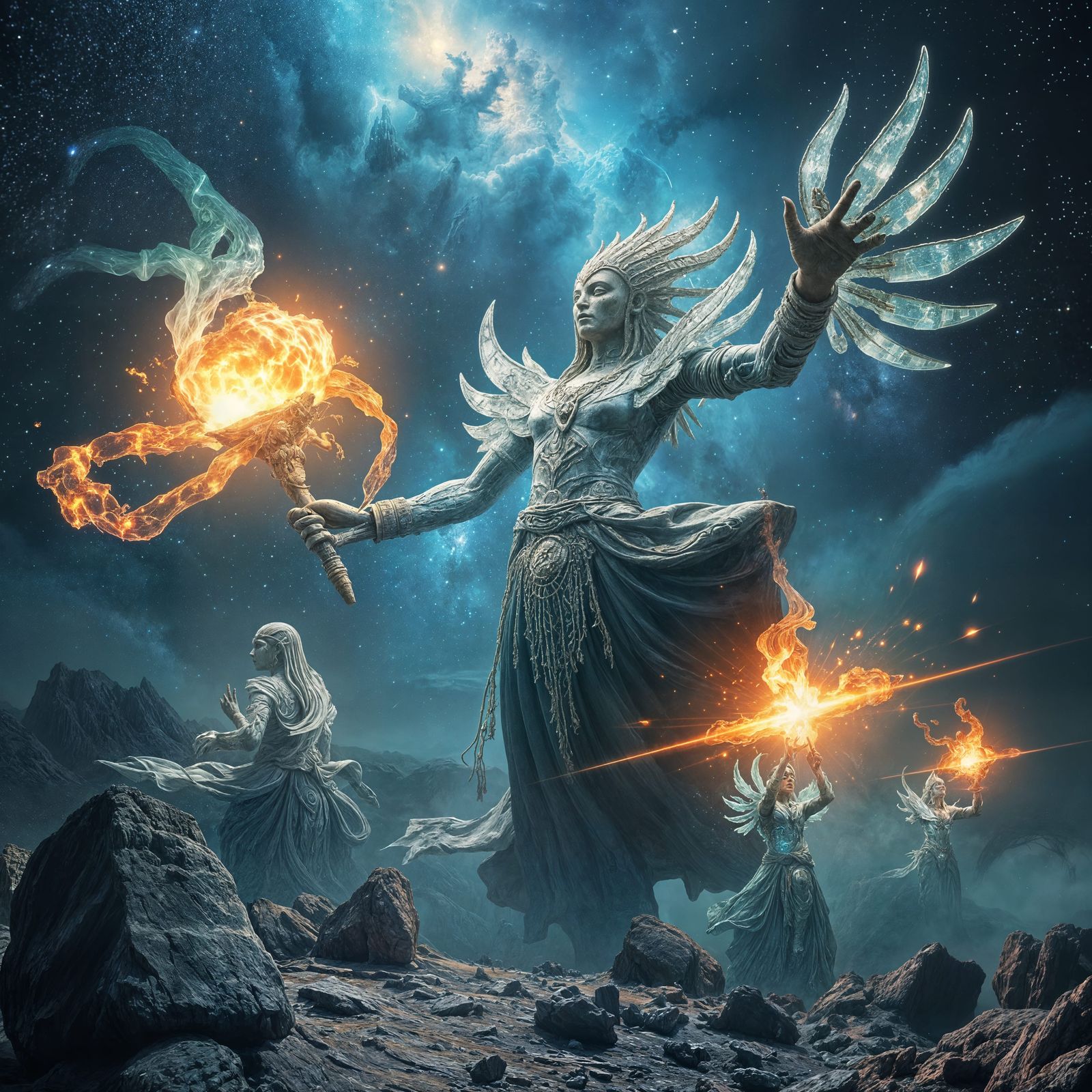 Ancient Beings Wielding Power in Cosmic Battles