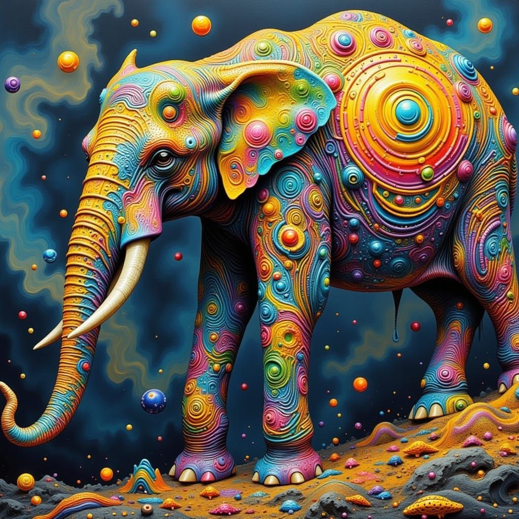 Elephants in a Vibrant, Surreal Landscape