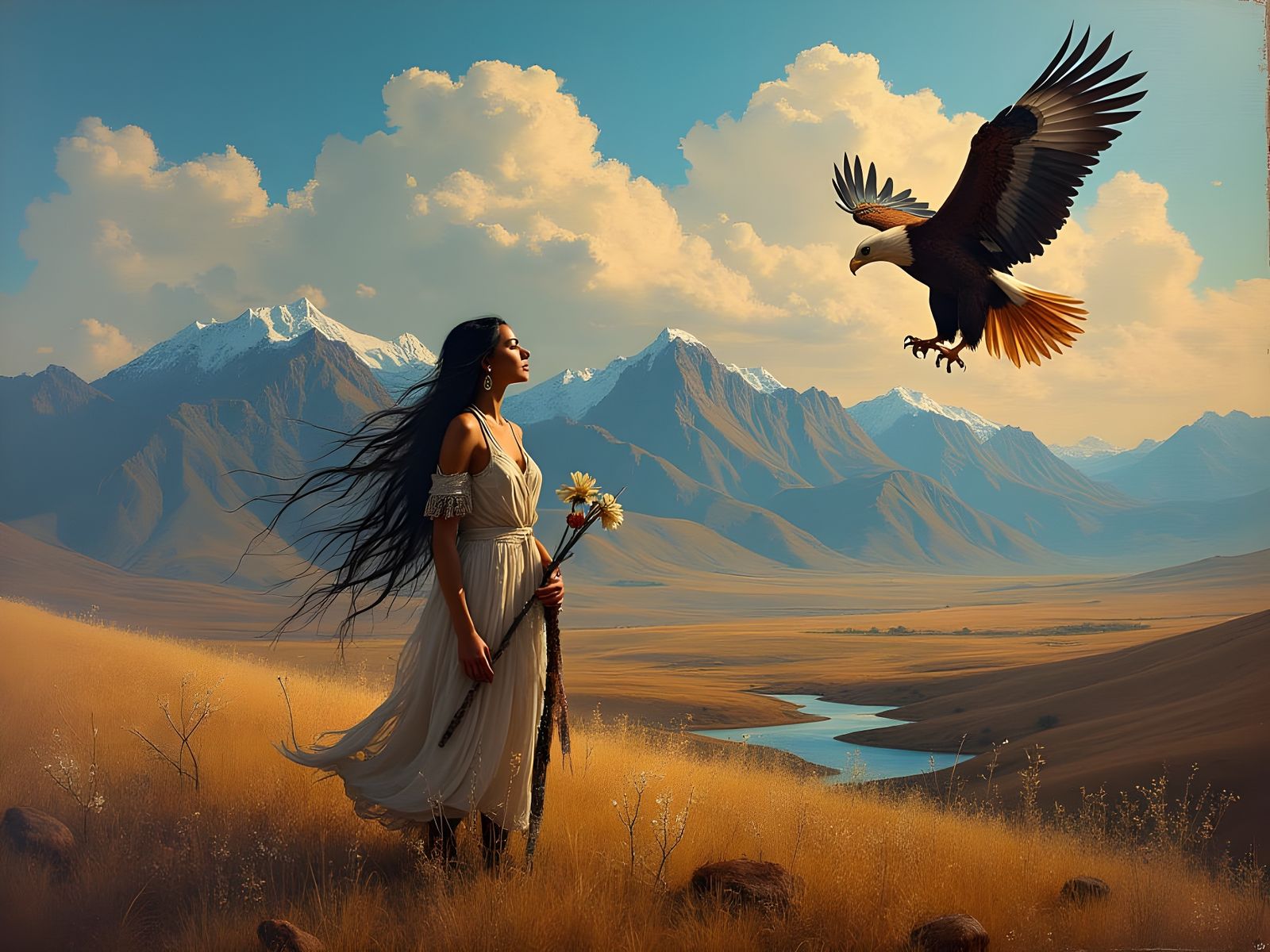 Surrealist American Indian Goddess Holds Majestic Eagle Amid...