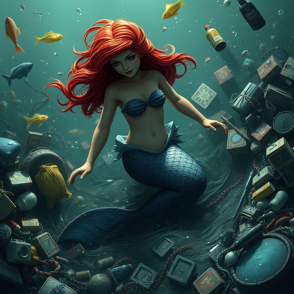 Mermaid in Polluted Ocean, Dark Fantasy Art