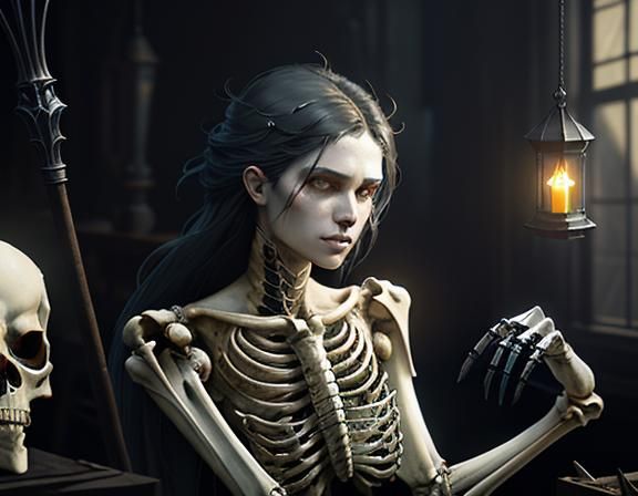 Furry Skeleton Cleaning Bones in Dark Fantasy Workshop